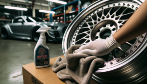 close-up-shot-of-a-forged-wheel-showcasing-its-intricate-details.-A-soft-cloth-is-being-used-to-gently-wipe-the-surface-with-a-bottle-of
